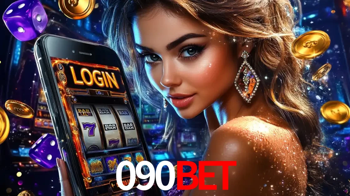 Mulher glamorosa segurando um smartphone com a tela de login para os jogos de caça-níqueis do cassino online 090bet, com moedas de ouro e dados ao redor.