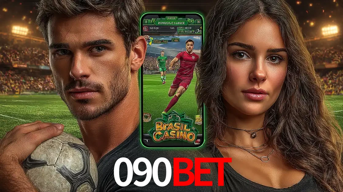 Homem segurando uma bola de futebol e uma mulher ao lado de um smartphone exibindo o jogo de apostas esportivas da 090bet. Faça seu palpite no cassino online.